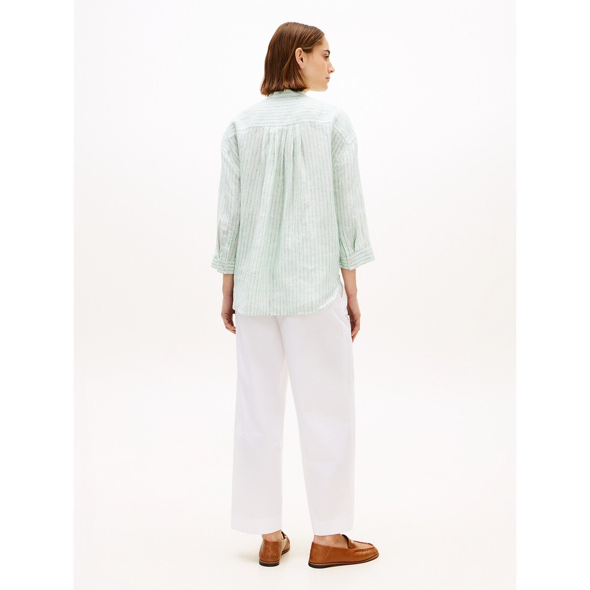Linnen blouse met V-hals, 3/4 mouwen gestreept groen/ecru, TOMMY HILFIGER
