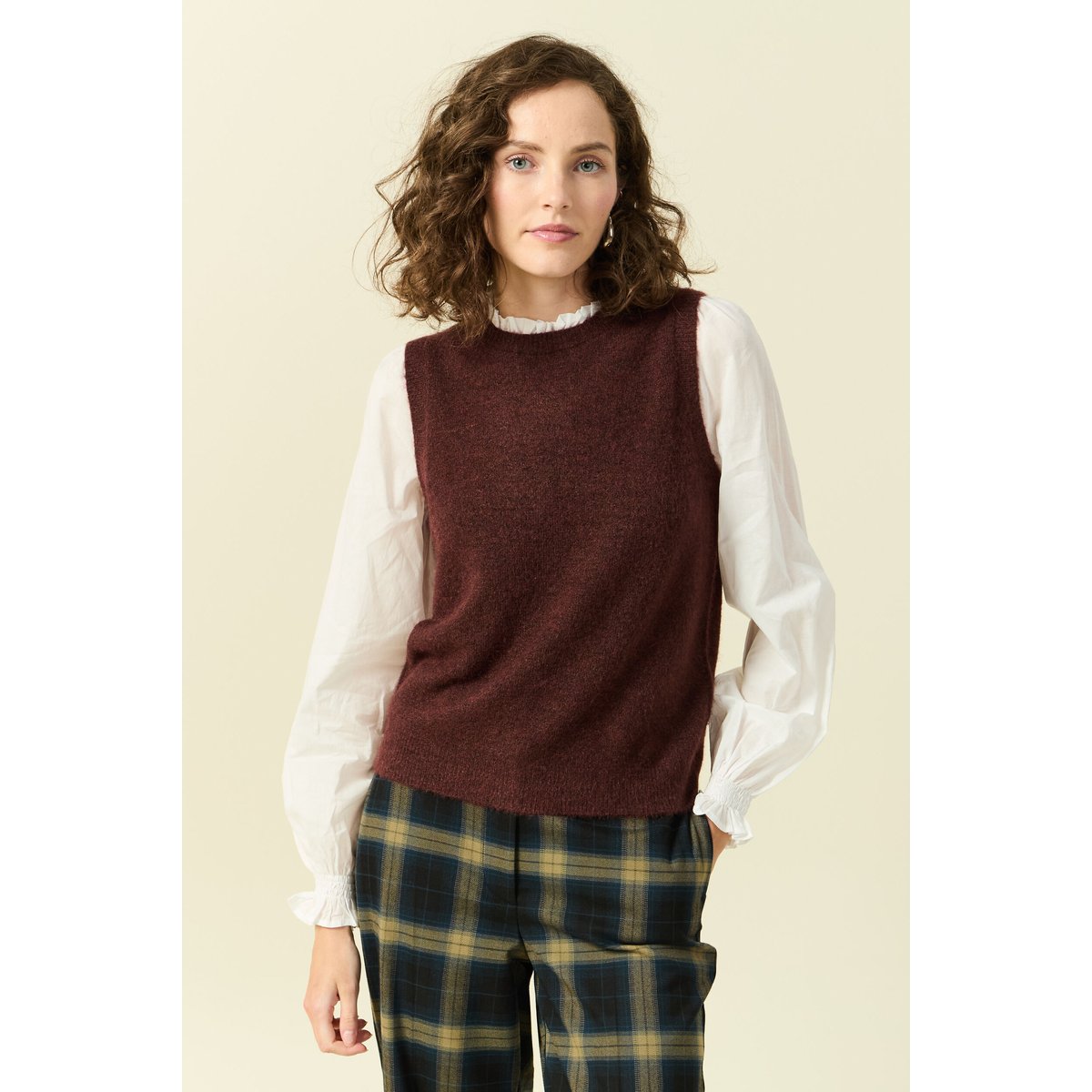 Pull 2 en 1 col rond manches longues marron, BONOBO