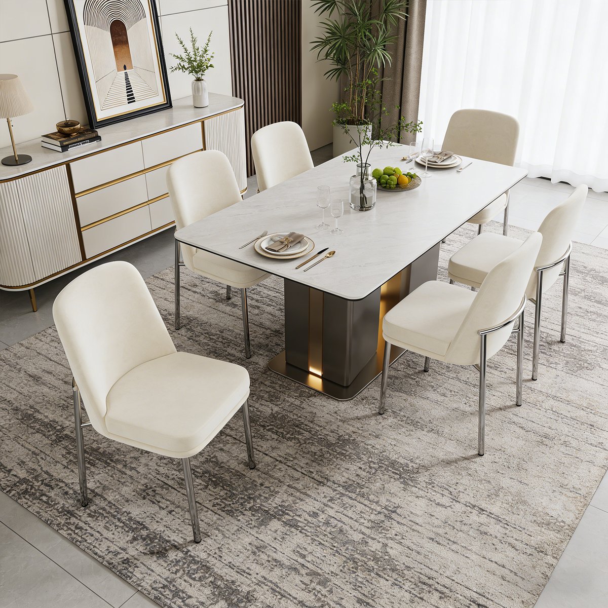 Lot de 6 chaises de salle à manger en velours avec pieds métal, DUORAUC beige, MEUBLES COSY