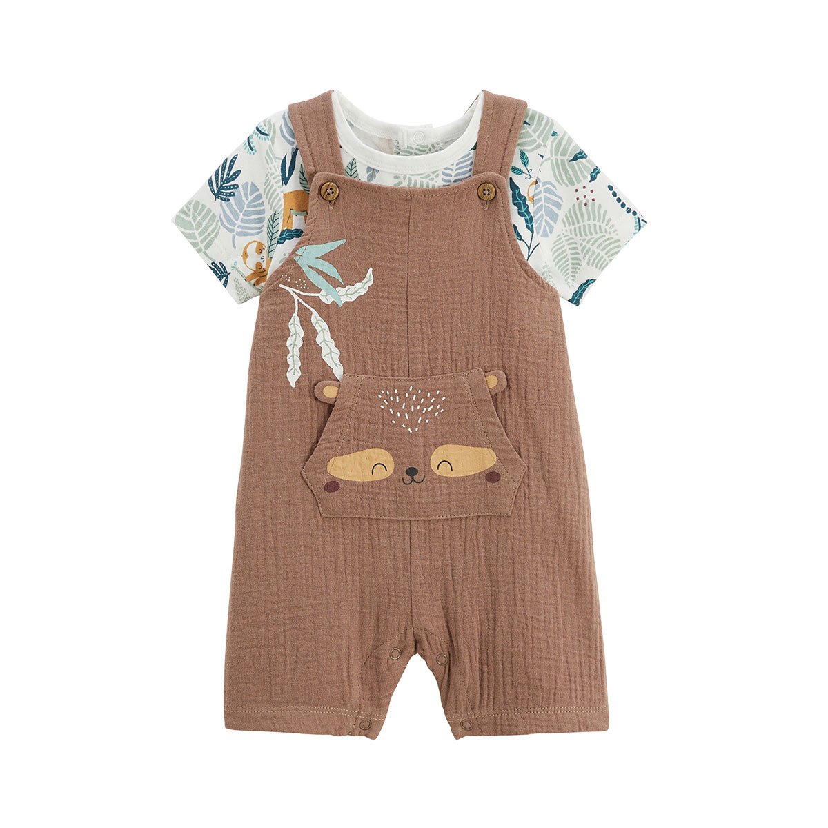 Ensemble salopette bébé en gaze de coton et t-shirt Baroudeur marron, PETIT BEGUIN
