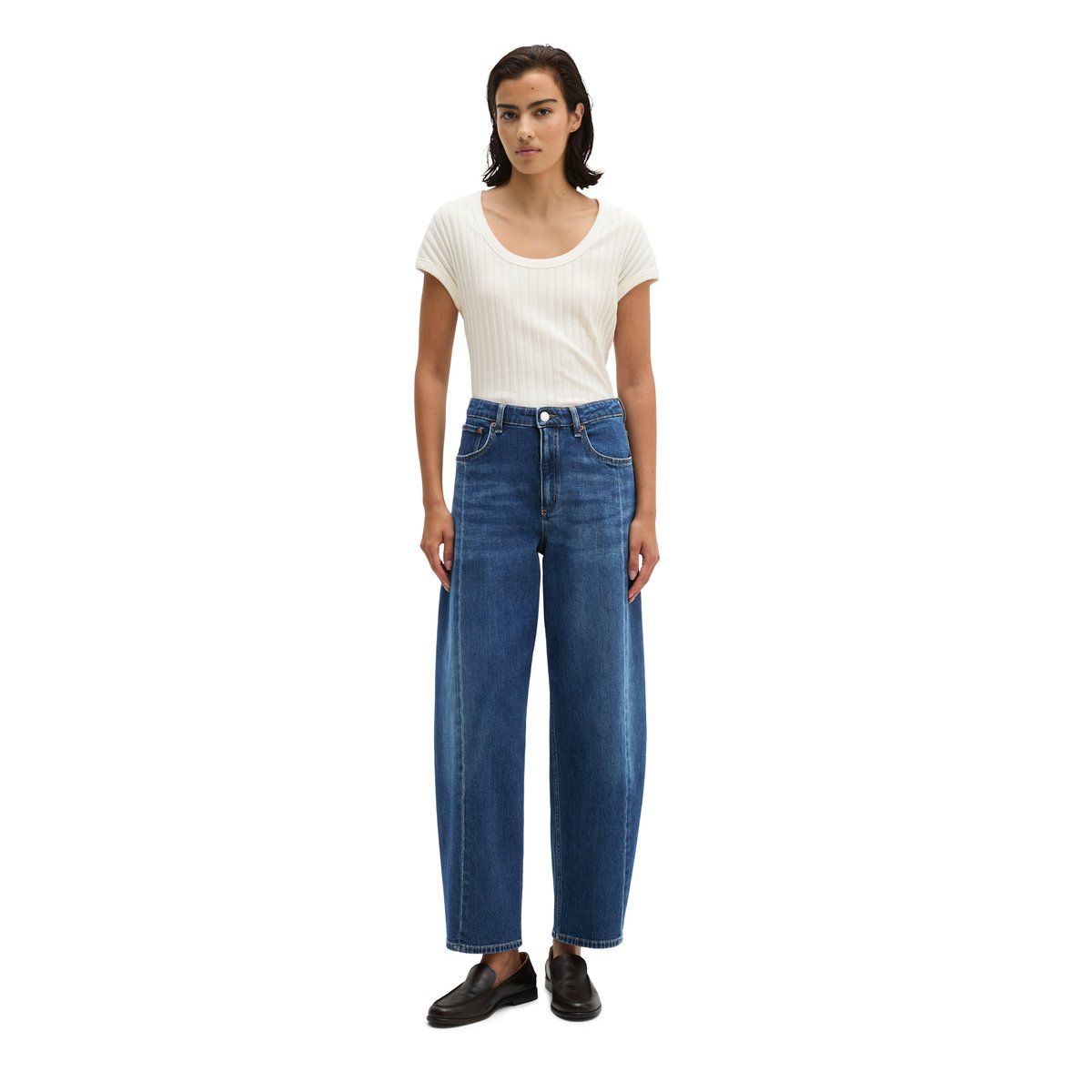 Jeans modèle Lara barrel cropped en coton bio et lyocell stretch bleu, MARC O'POLO