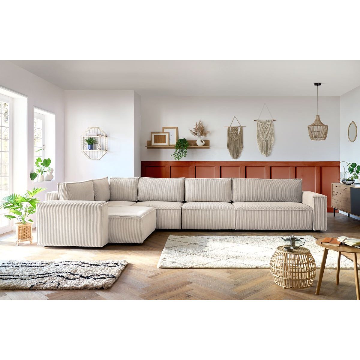 Canapé modulable 6 places en velours côtelé, NIHAD beige, BOBOCHIC