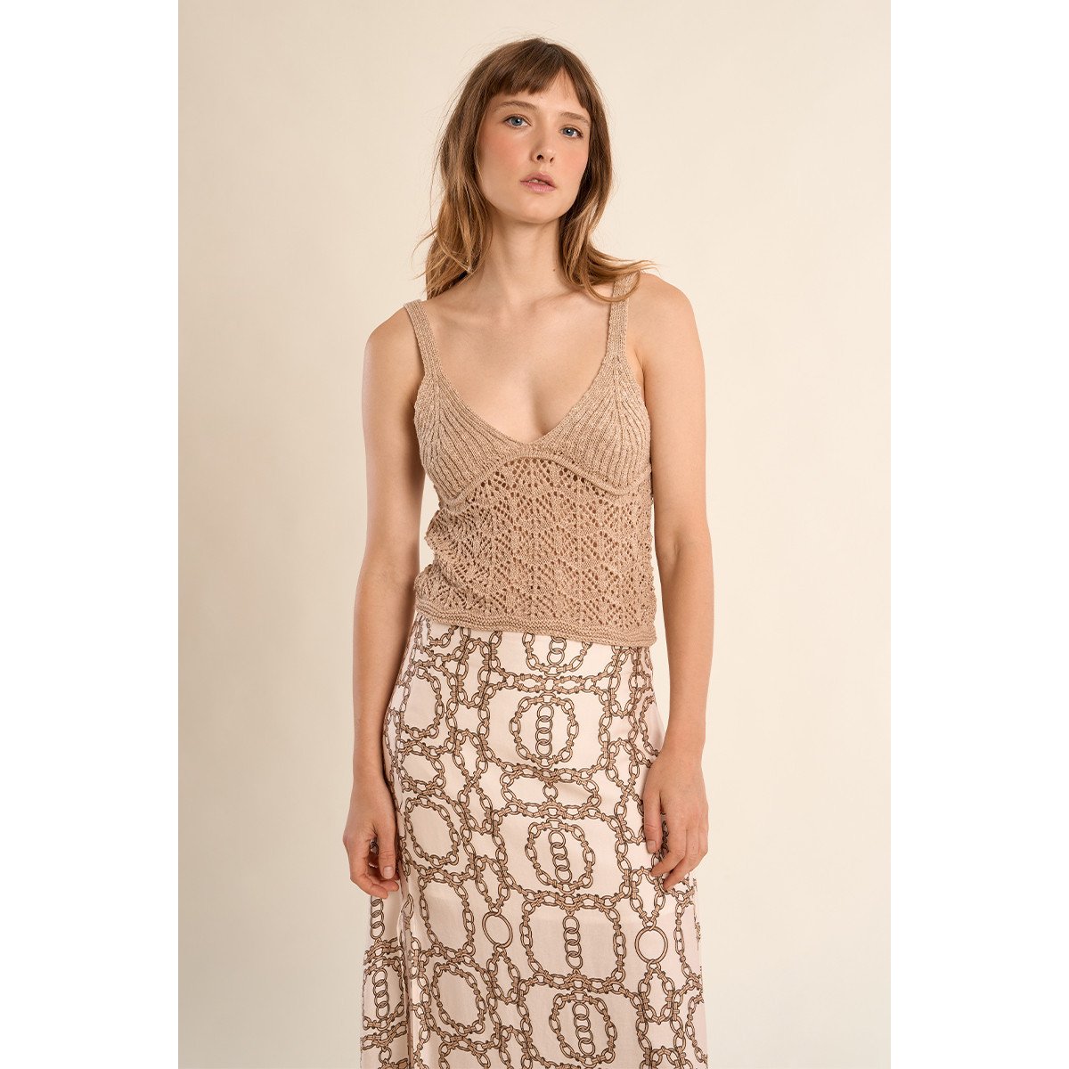 Débardeur en maille ajourée beige, MOLLY BRACKEN