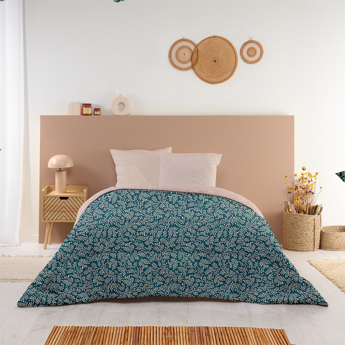 Couette imprimée microfibre chaude Omara bleu paon et beige, BLEU CALIN
