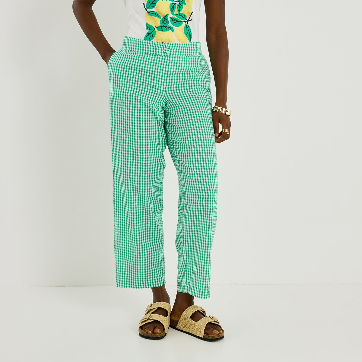 Pantalon seersucker imprimé vichy vert, GRAIN DE MALICE