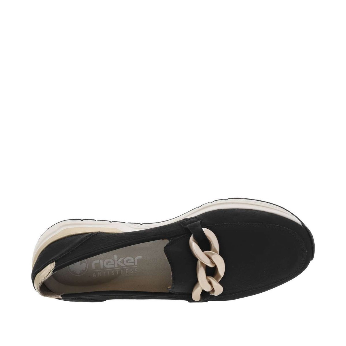 Mocassins noirs à talon plat avec empiècements dorés et chaîne bronze noir, RIEKER
