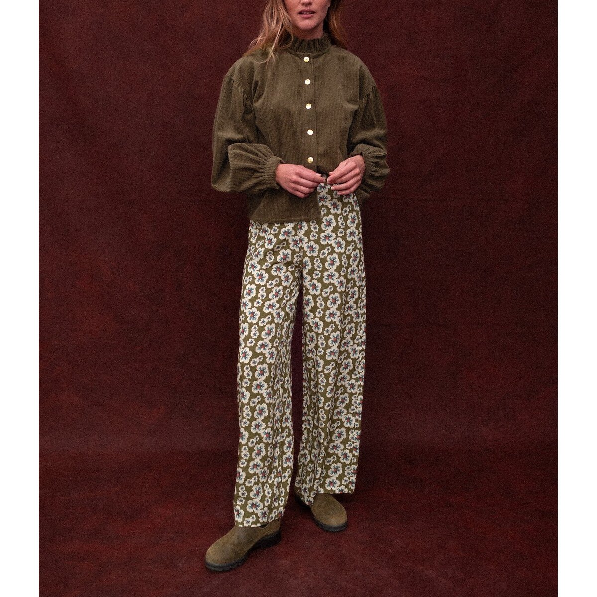 Chemise en velours, à col volanté, TILDA kaki, APACHES COLLECTIONS