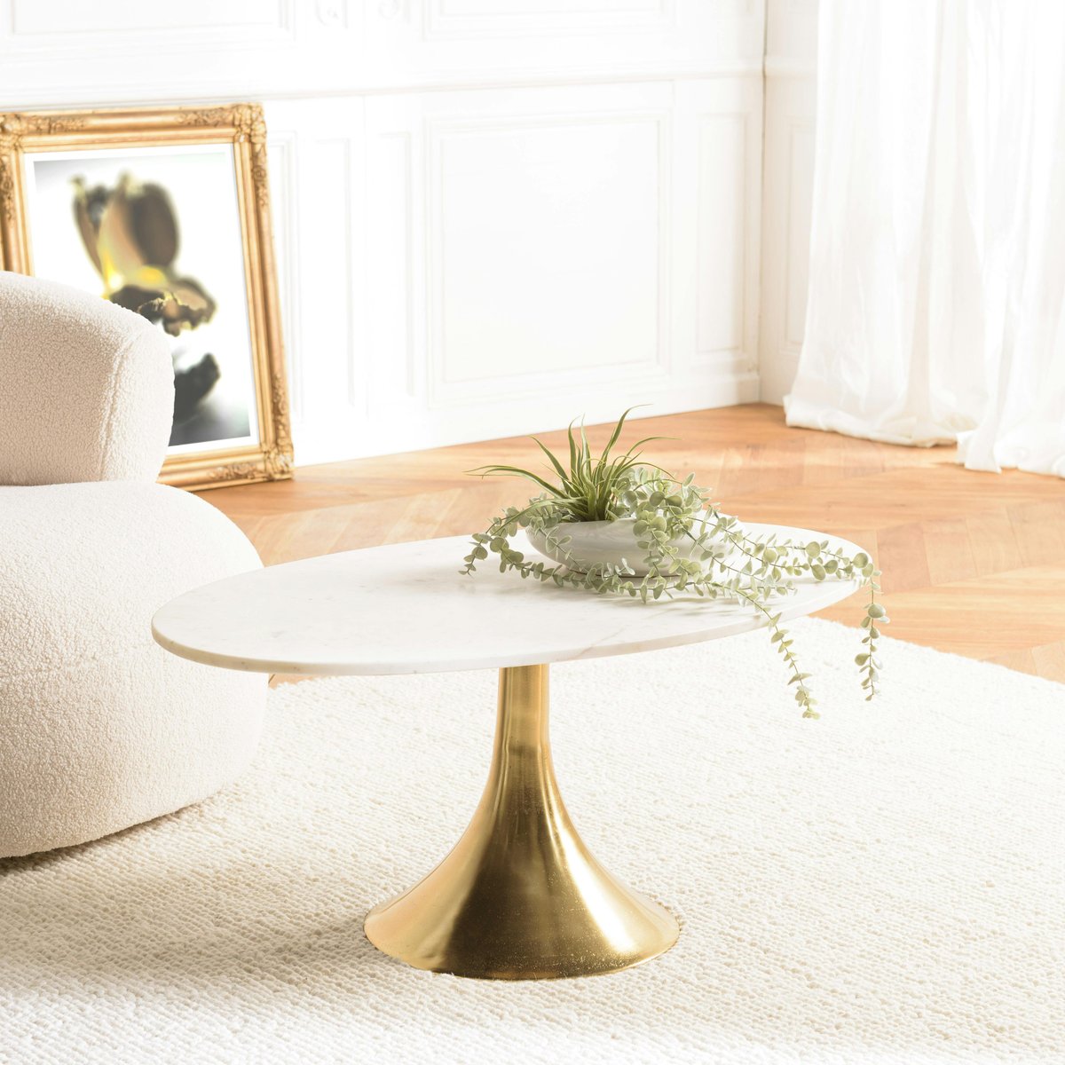 Table de salon ovale marbre blanc et pied doré ZALA blanc, PIER IMPORT