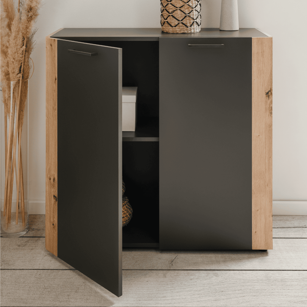 Commode 2 portes pieds noirs LUMA gris anthracite, CALICOSY