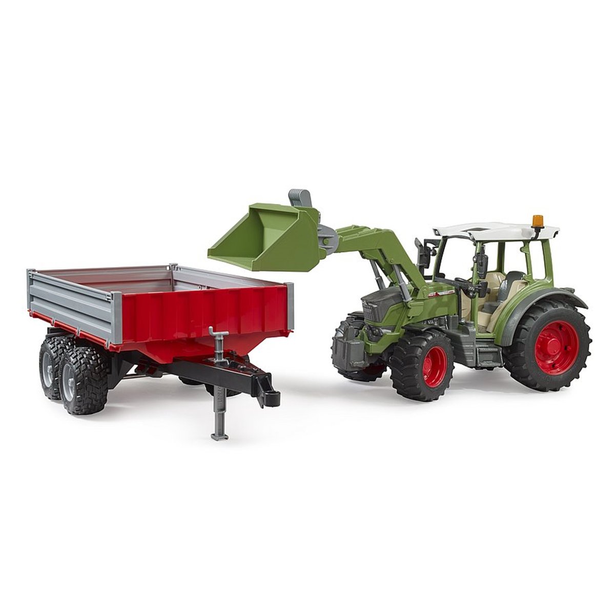 Fendt Vario 211 avec chargeur frontal et remorque à ridelle vert, BRUDER