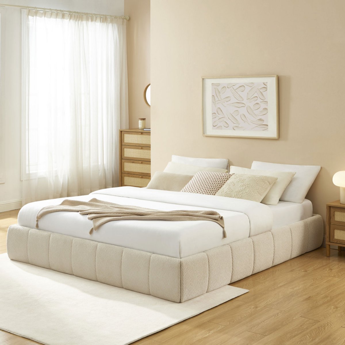 Lit coffre en tissu chenille 180x200cm- ROMEO beige, DRAWER