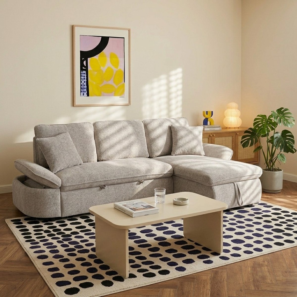 Canapé d'angle convertible tissu LORMA beige, BAÏTA