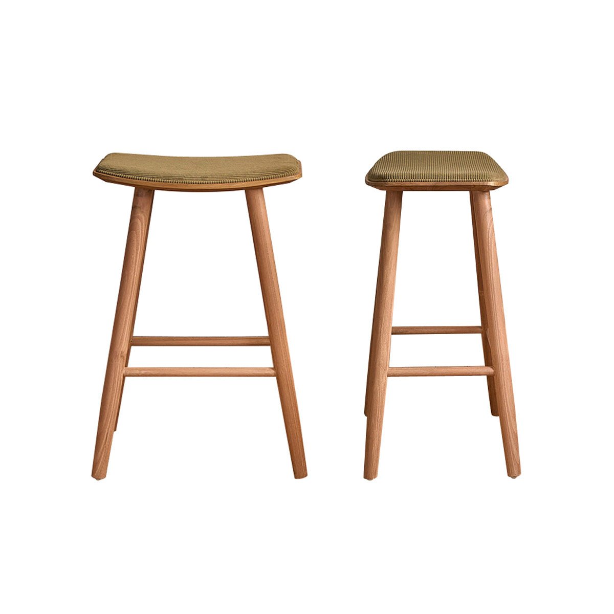 Lot de 2 tabourets de bar en teck massif et velours côtelé  AMBRE kaki, BERAH GETAH
