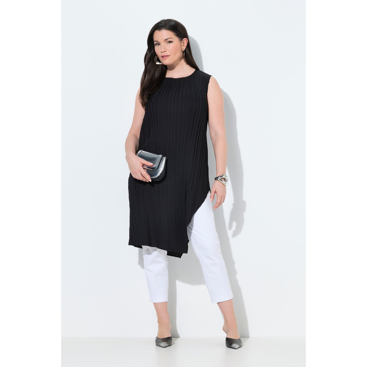 Blouse plissée sans manches, décolleté rond noir, ULLA POPKEN