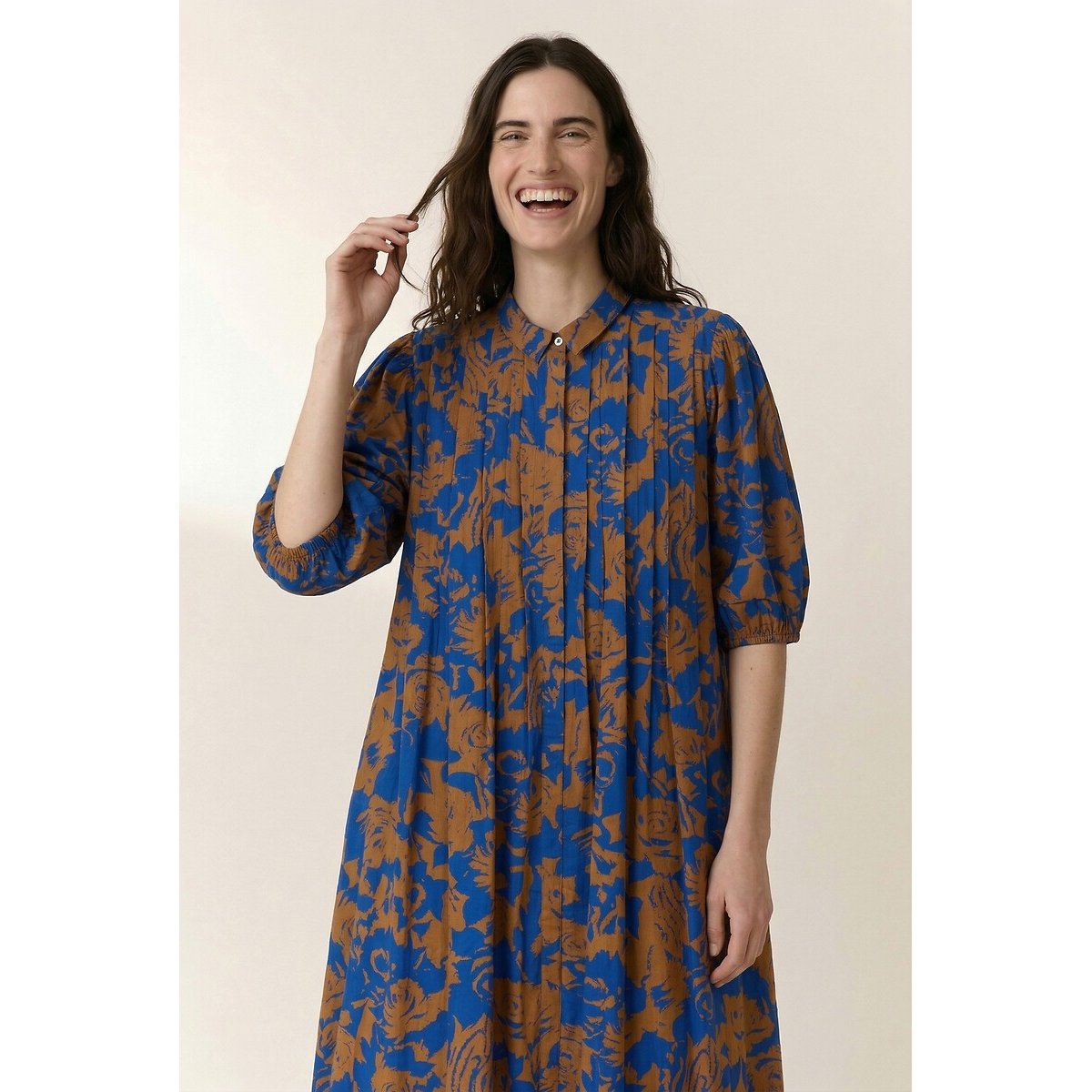 Robe chemise ample imprimé floral, ROCA imprimé bleu/caramel, LEON & HARPER