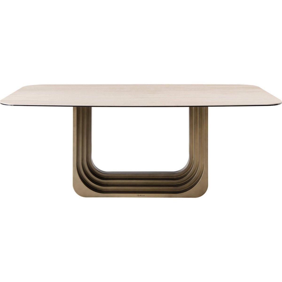 Table à manger en céramique pied sculptural beige et bronze, RECOLLECTION