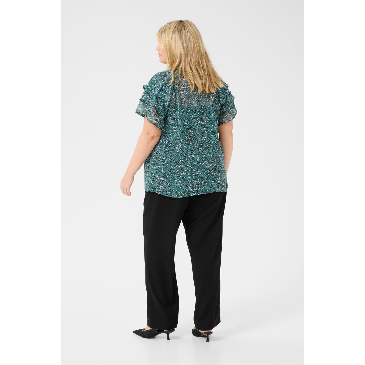 Blouse with short sleeve teal bleu/noir/blanc graphic, KAFFE CURVE