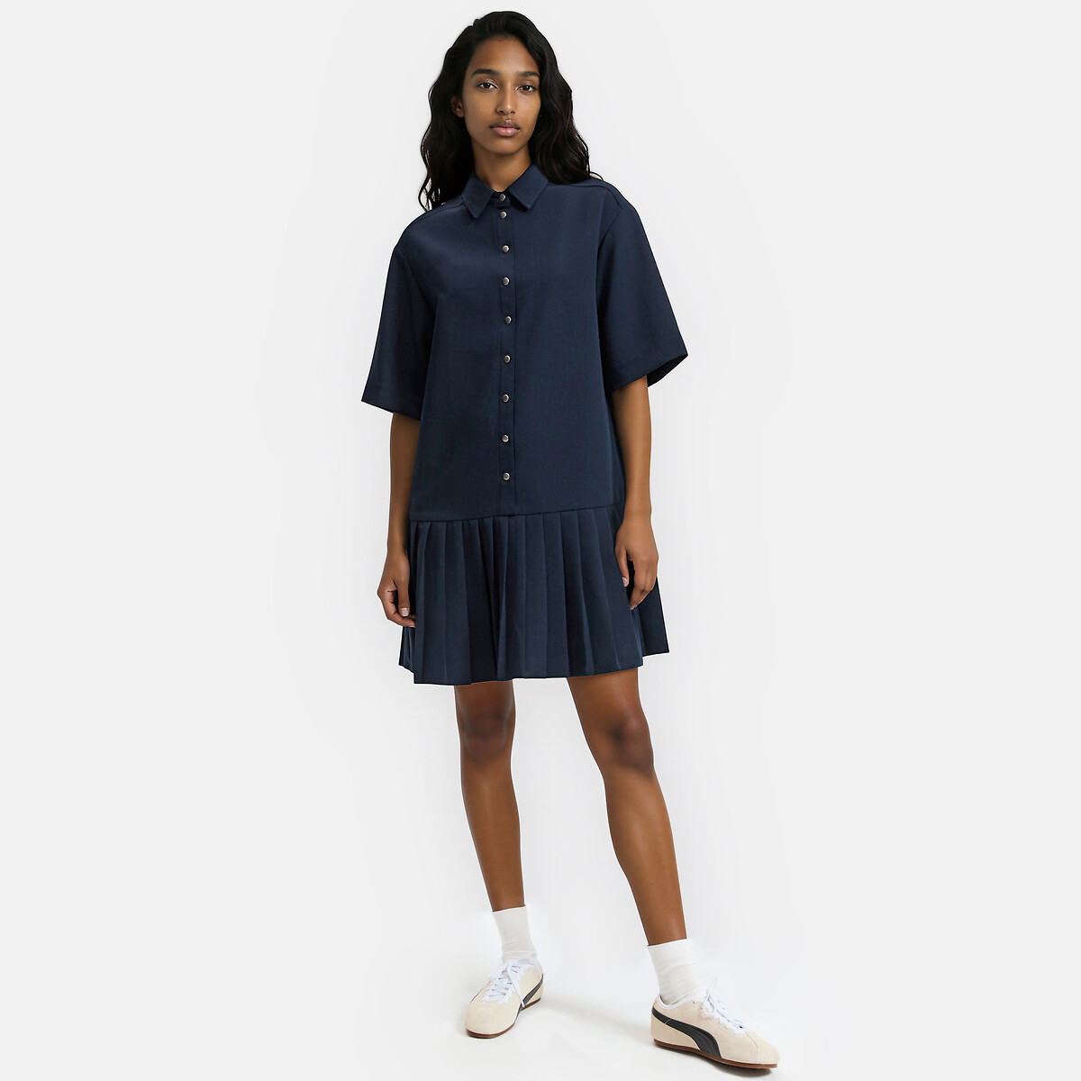 Short Sleeve Mini Dress with Pleated Skirt navy blue, LA REDOUTE COLLECTIONS
