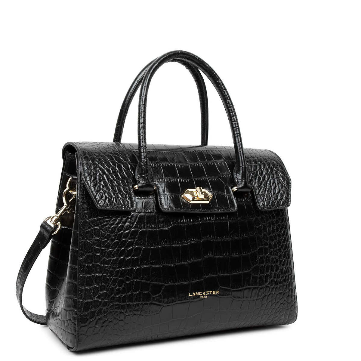 Sac à main en cuir motif croco EXOTIC CROCO noir, LANCASTER