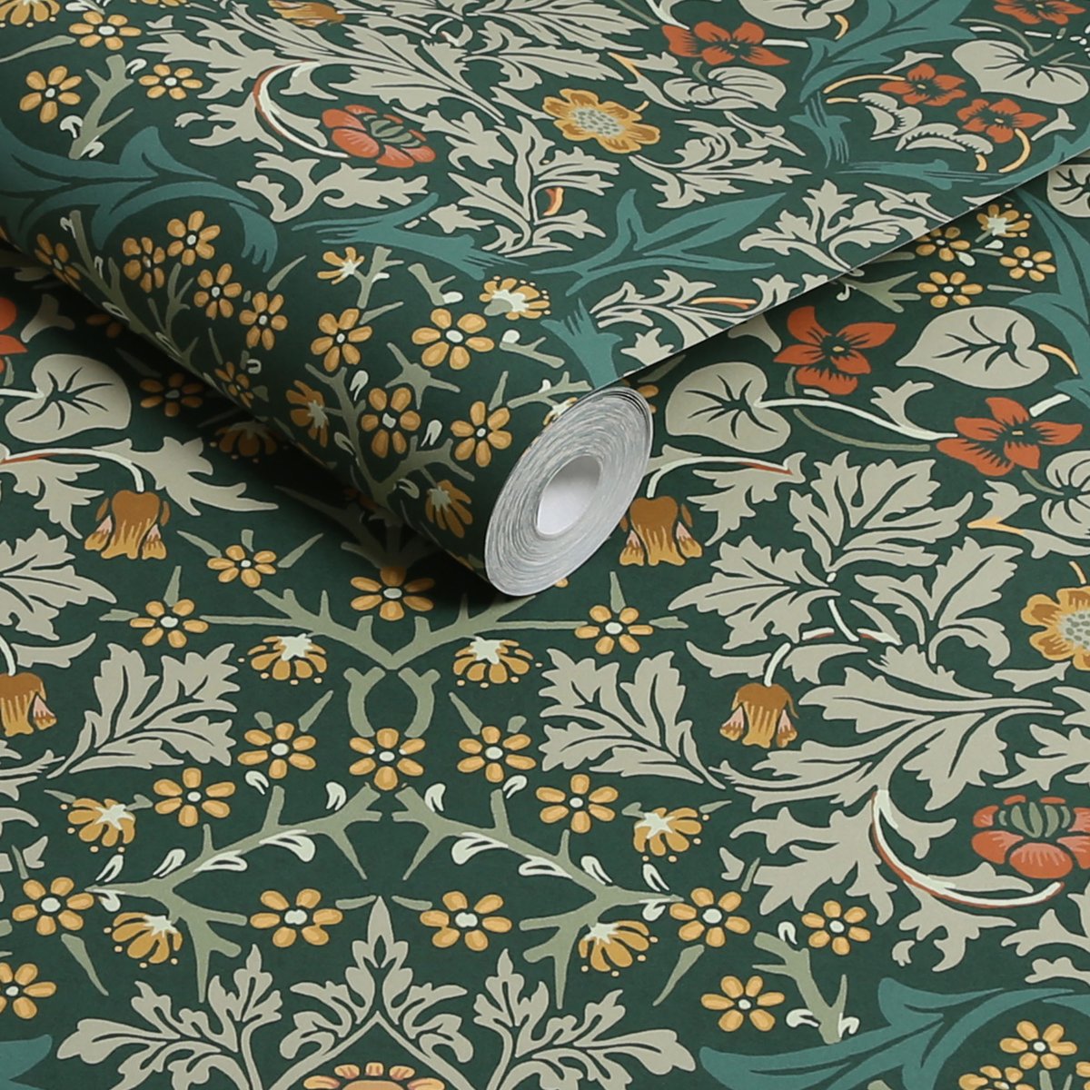 Papier peint Fleurs de prunellier au printemps vert, ocre, corail, WILLIAM MORRIS AT HOME