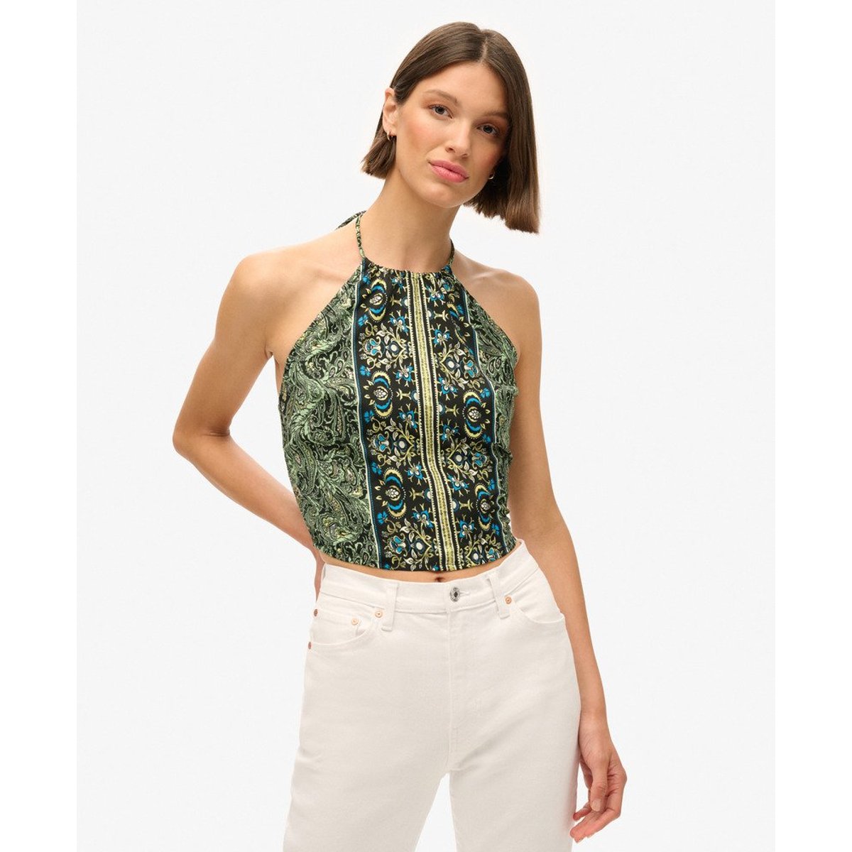Haut dos nu à motif cachemire vert à motif feuilles cachemire, SUPERDRY