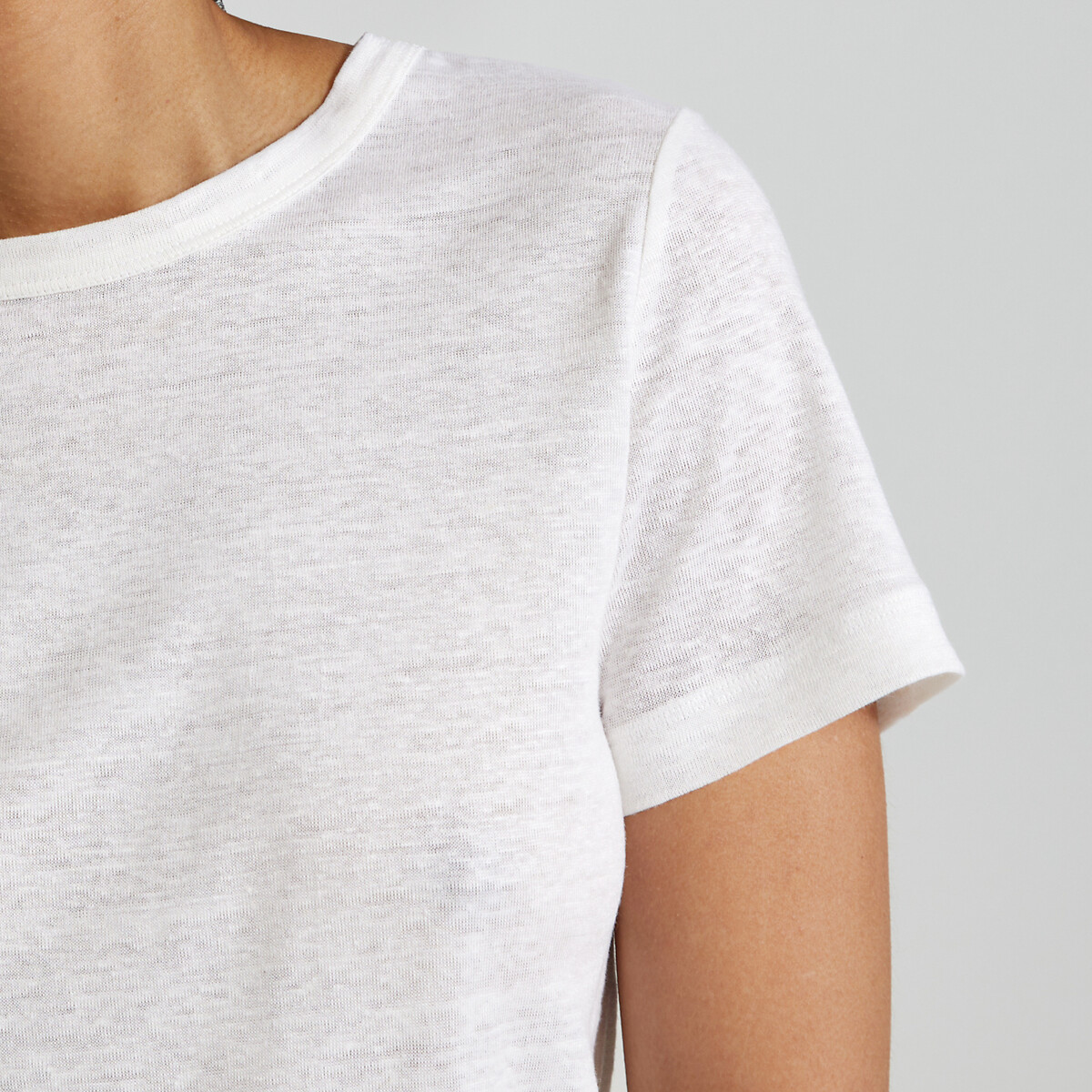 T-shirt L'iconique, col rond en jersey lin blanc, PETIT BATEAU