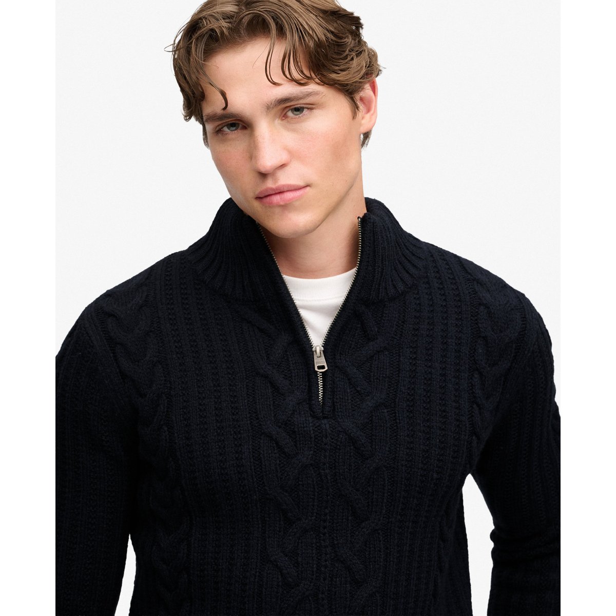 Pull Jacob Cable à Demi-Fermeture Éclair bleu marine éclipse, SUPERDRY