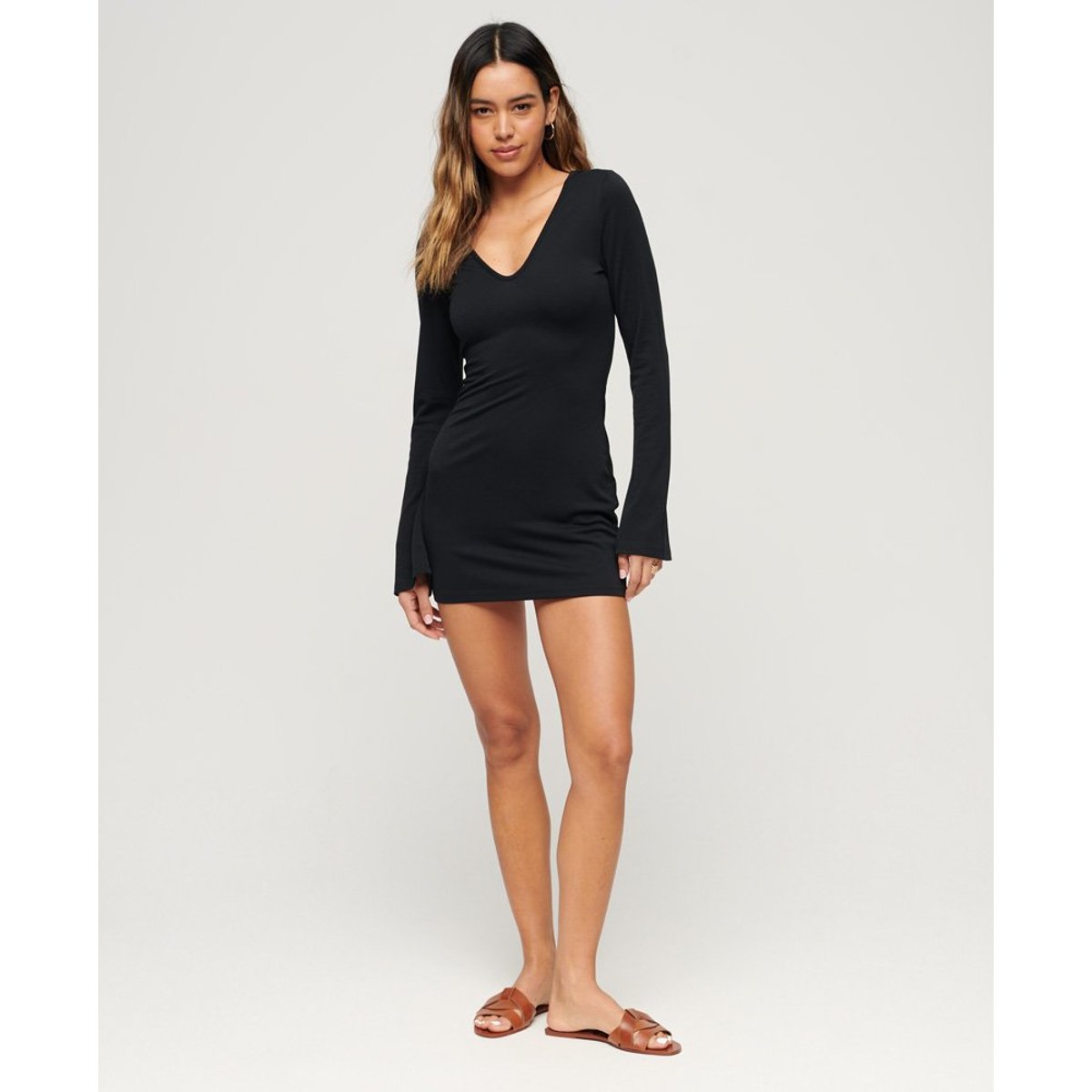 Robe courte moulante à manches évasées noir, SUPERDRY
