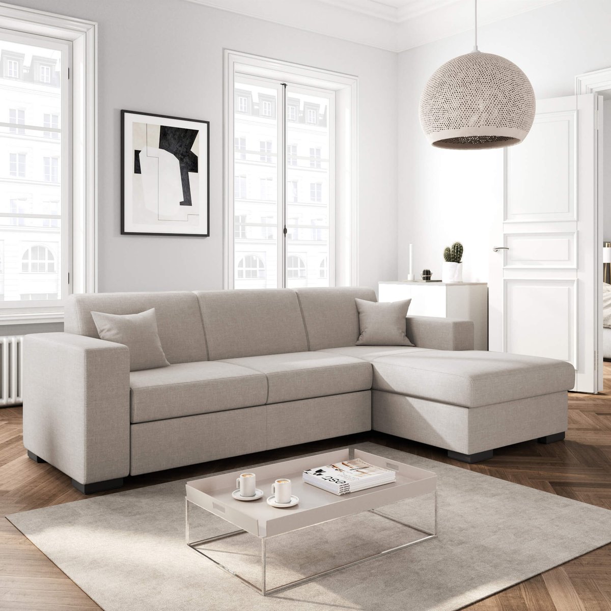 Canapé convertible d'angle droit 4 places beige, TERRE DE NUIT