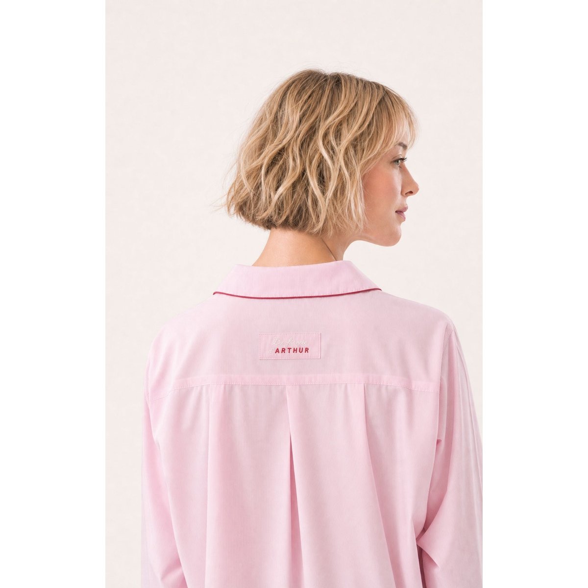 Pyjama boutonné en popeline de coton couleur unie Constance rose, ARTHUR