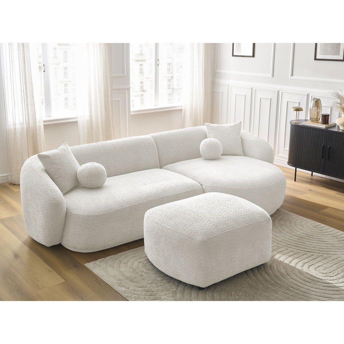 Canapé d'angle fixe 4 places en tissu bouclette avec pouf, ASHLEY blanc, BOBOCHIC