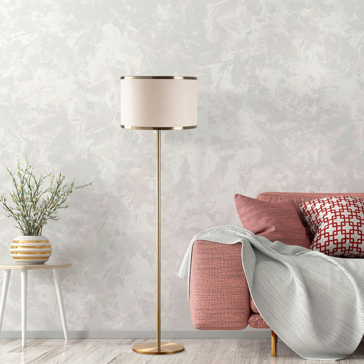 Lampadaire salon moderne, abat-jour tissu écru ZURICH doré, PIER IMPORT