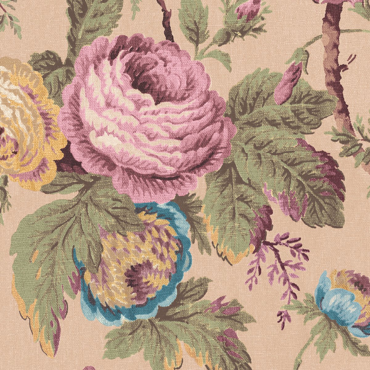 Papier peint fleuri roses vintage Uffington rose, beige, ocre, vert, LAURA ASHLEY
