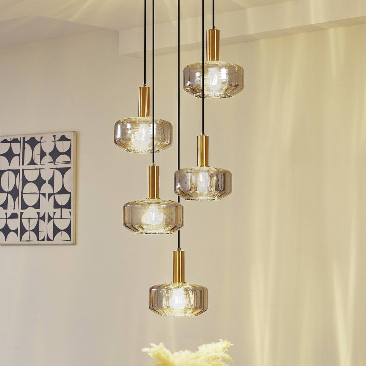 Suspension en verre, Hildur gris fumé, laiton, LINDBY