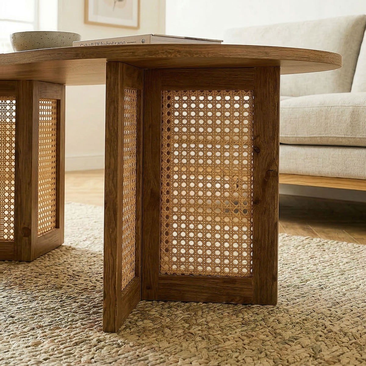 Table basse ovale et piètement rotin TALIA bois clair, CALICOSY