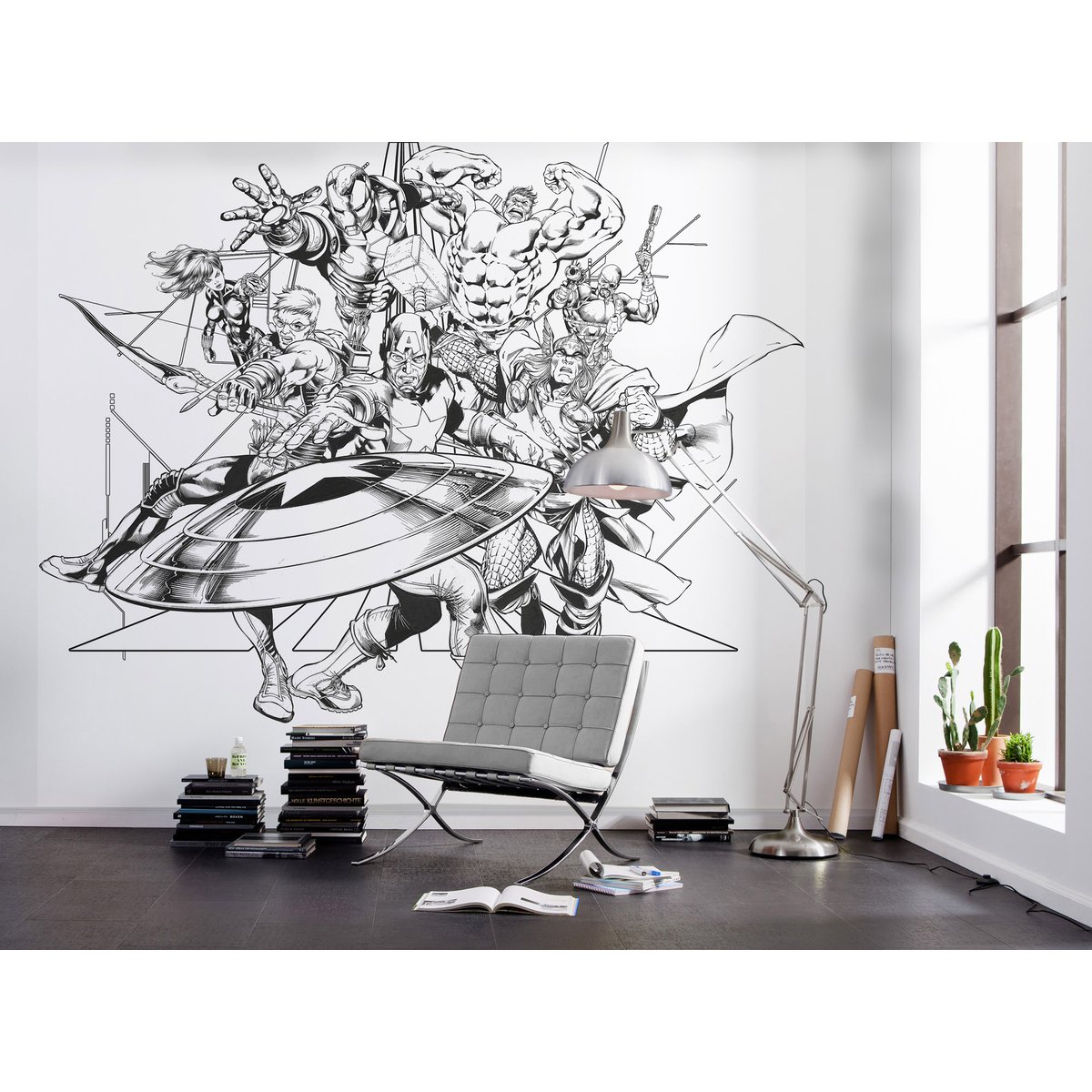 Papier peint Komar - Avengers Black and White - 300 x 280 cm noir, HEXOA