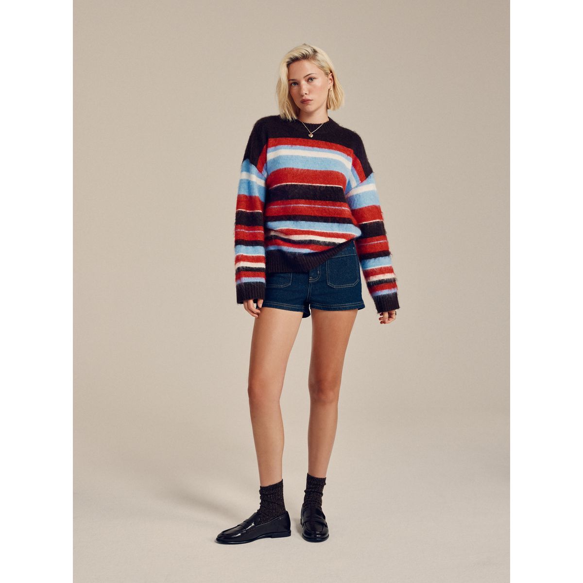 Pull col rond brossé marron chocolat/rayures multiples, NEXT