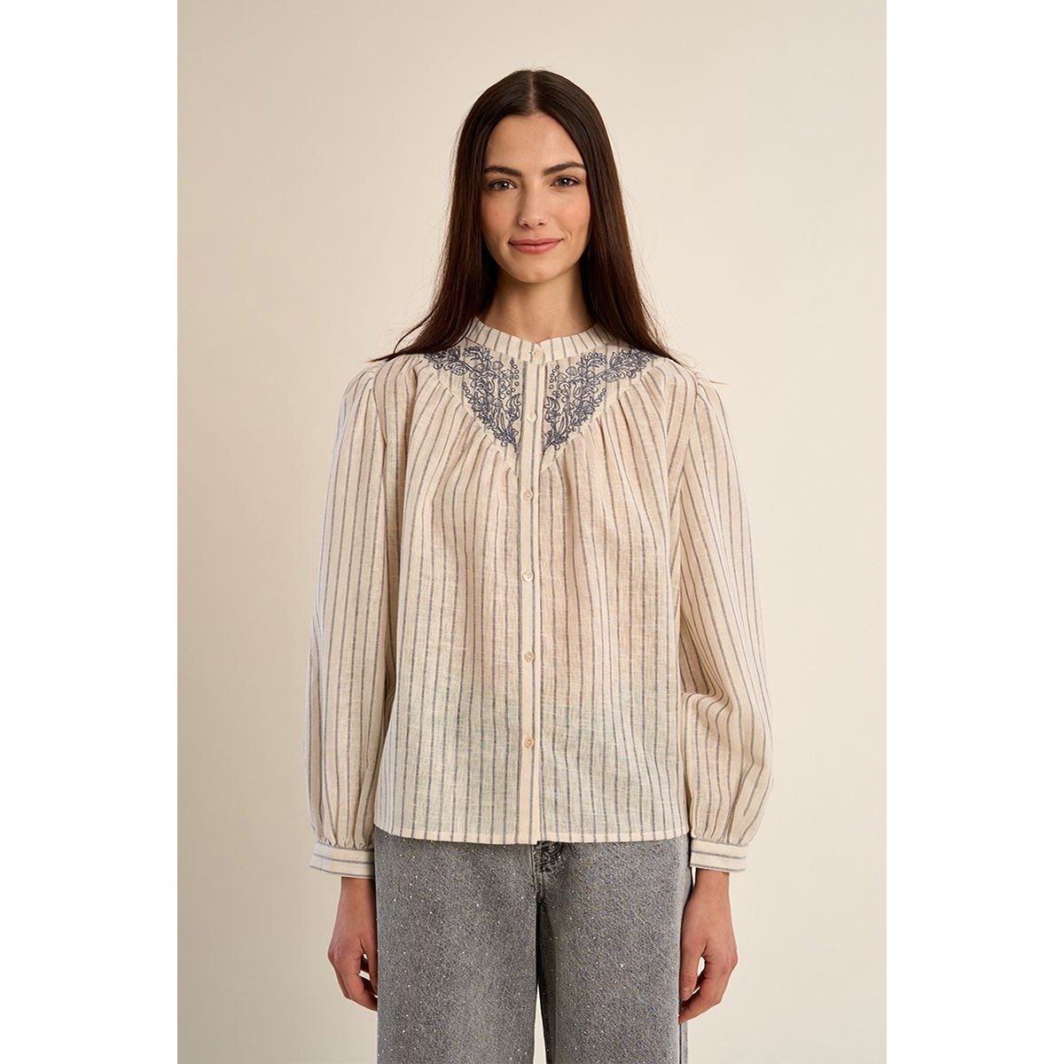 Blouse à rayures col Mao cream, MOLLY BRACKEN