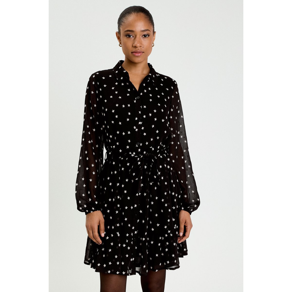 Robe brodée évasée manches longues noir, CACHE CACHE