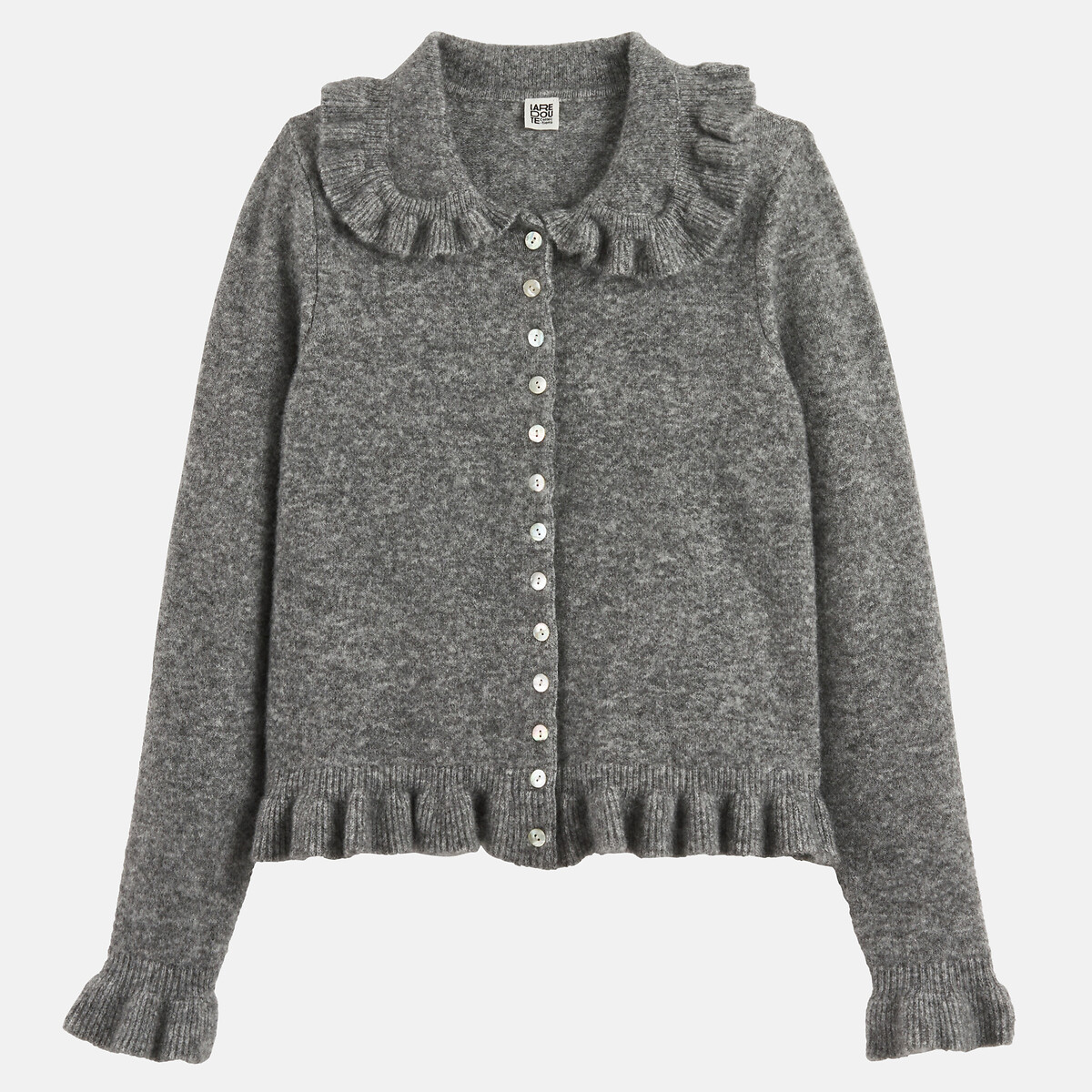 Cardigan col Claudine avec détails volants gris chiné, LA REDOUTE COLLECTIONS