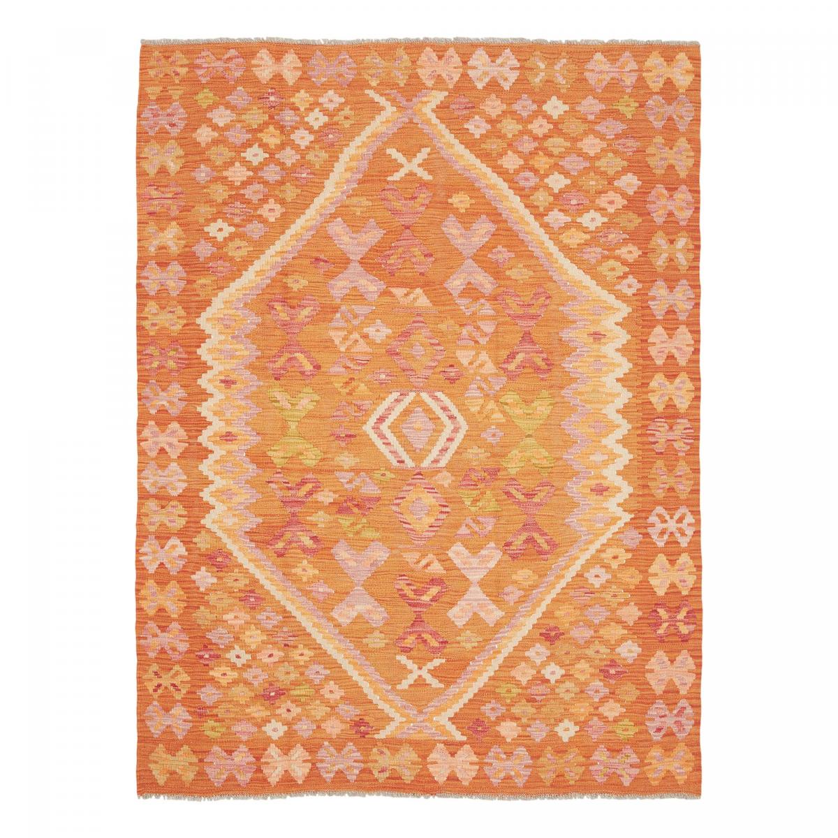 Tapis kilim au motif ethnique, tissé plat en laine naturelle orange, jaune, rose, UN AMOUR DE TAPIS