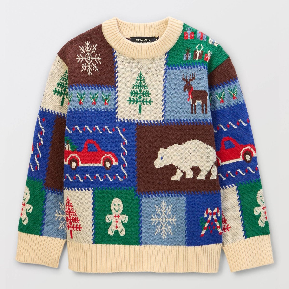 Pull col rond jacquard contenant de la laine bison, MONOPRIX