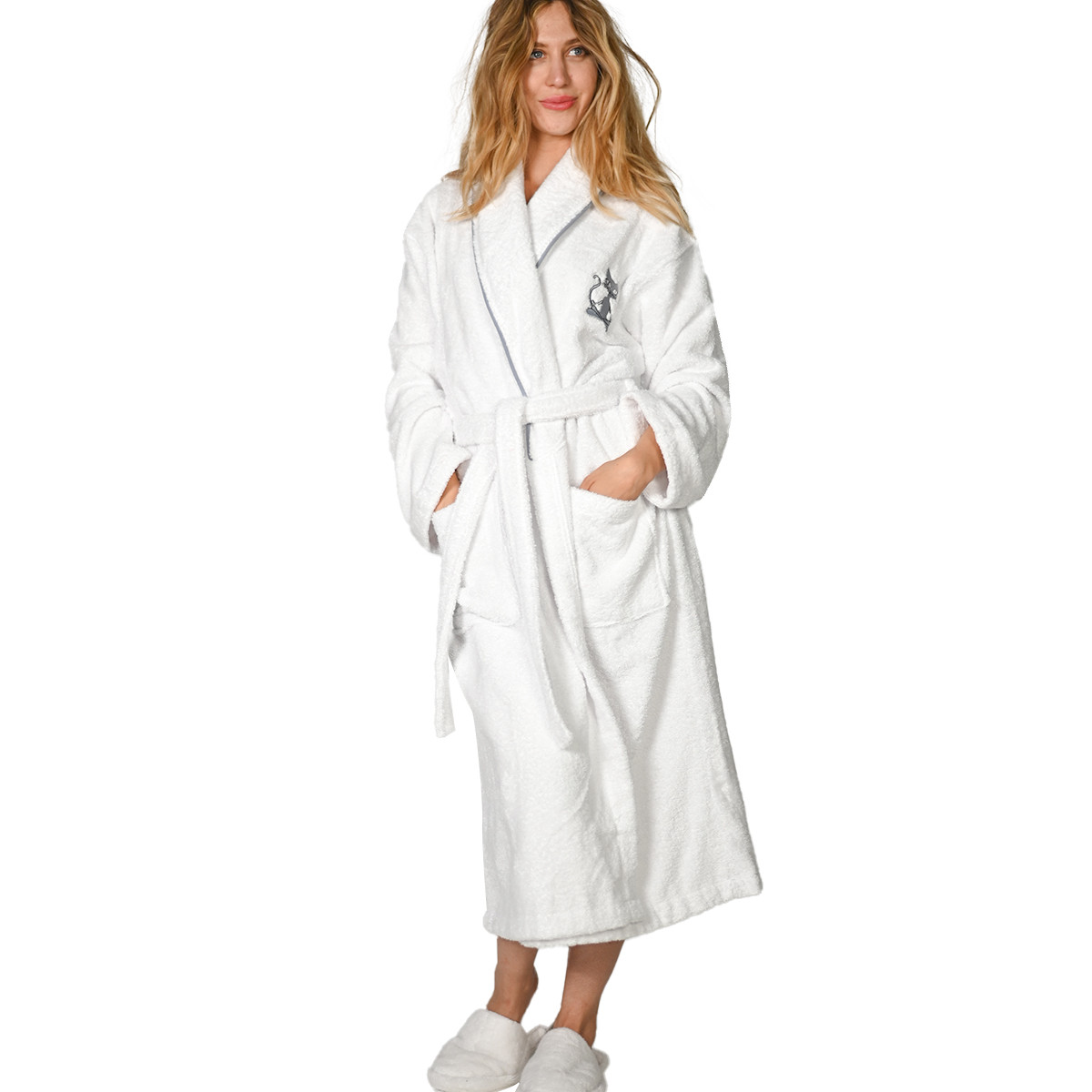 Peignoir brodé col châle 420 g/m² YOGI CAT blanc, SENSEI MAISON