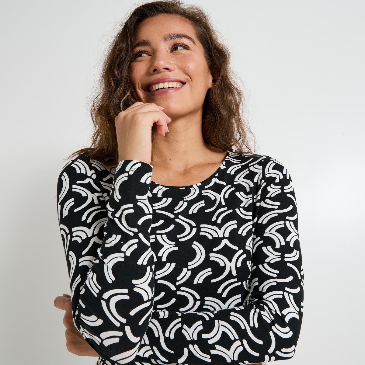 T-shirt manches longues imprimé noir, GRAIN DE MALICE