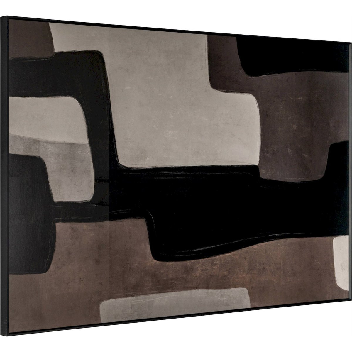 Tableau abstrait en papier et verre brun profond et noir géométrique, RECOLLECTION
