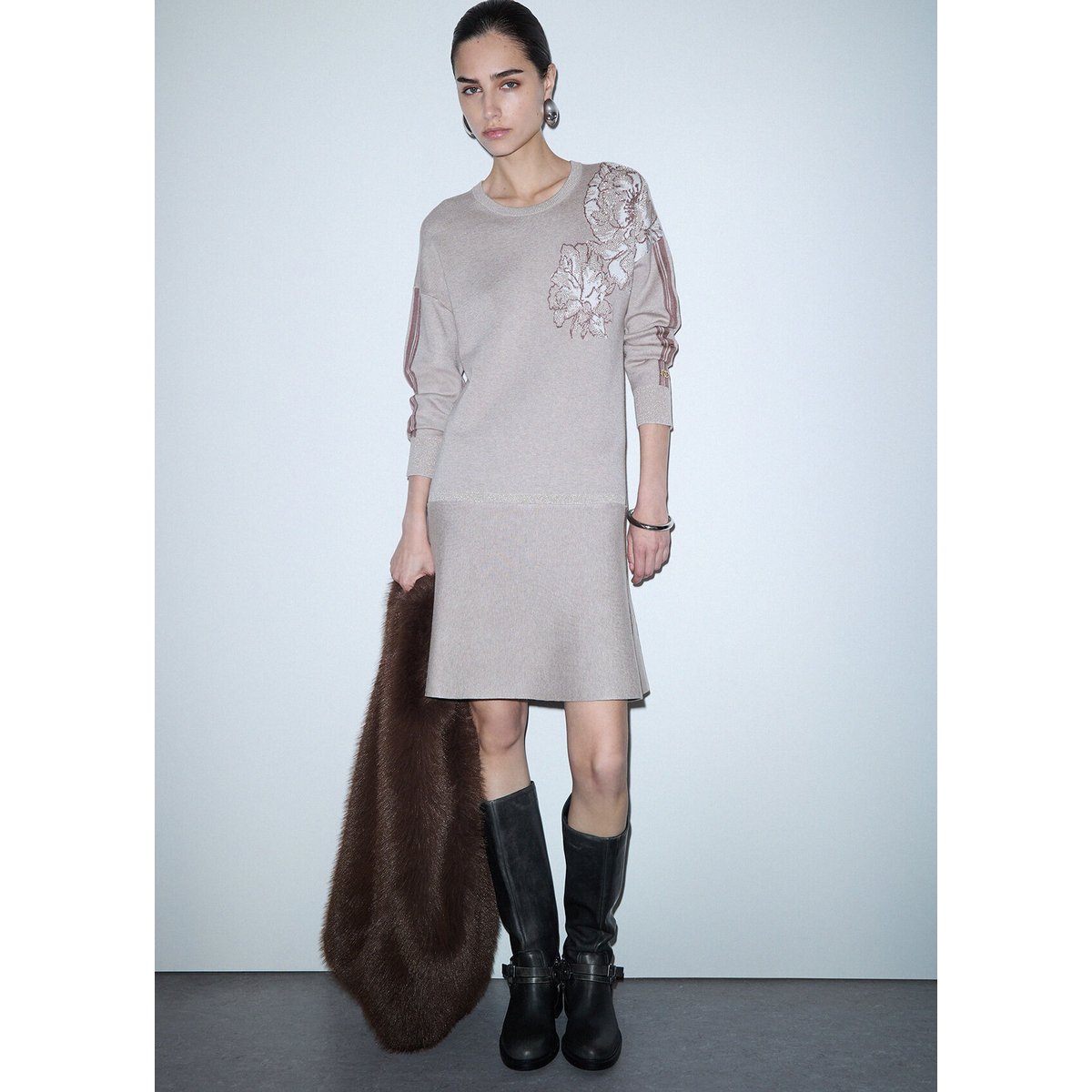 Robe courte en maille jacquard beige, LIU JO