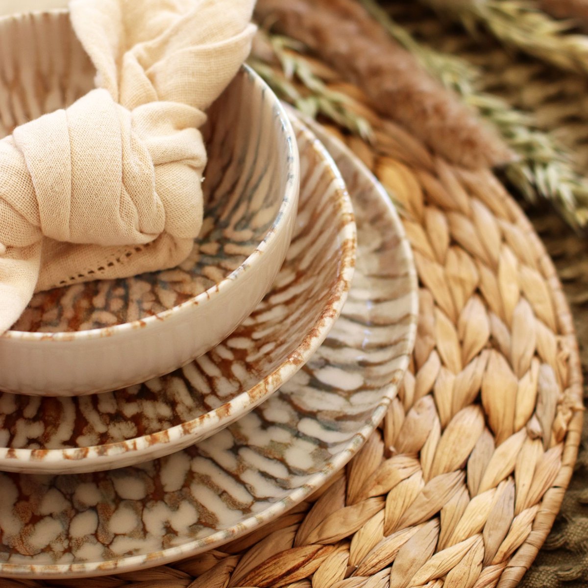 Lot de 6 assiettes creuses en grès 20,5cm, AMBRE beige-marron, NOVASTYL