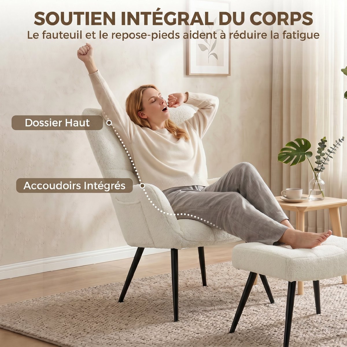Fauteuil d'appoint avec repose-pieds Peluche beige, HOMCOM