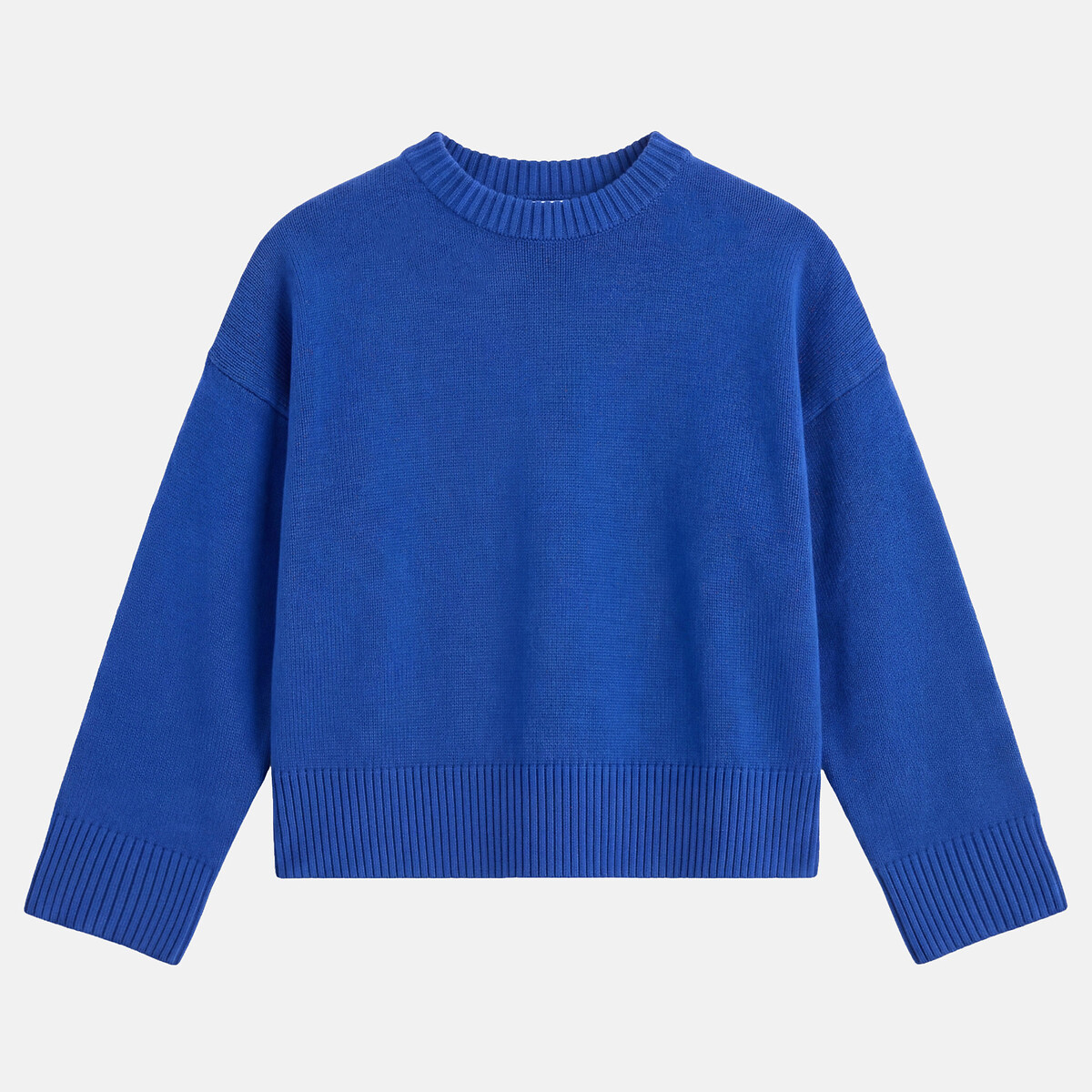 Pull col rond, en laine et coton mélangés bleu électrique, LA REDOUTE COLLECTIONS