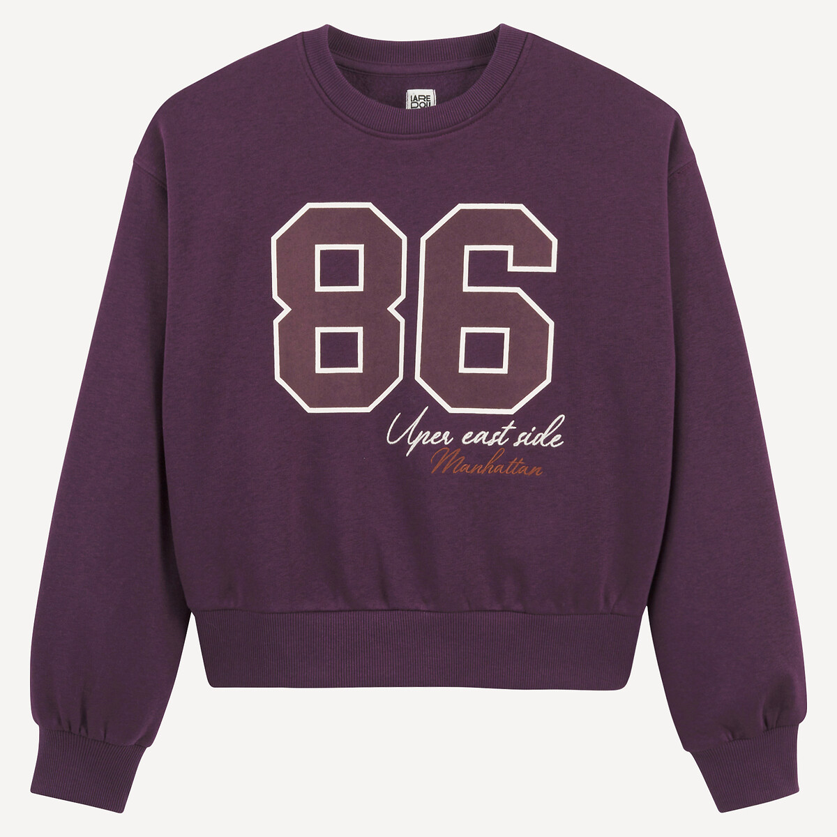 Printed Fleece Sweatshirt with Embroidery and Crew Neck burgundy, LA REDOUTE COLLECTIONS